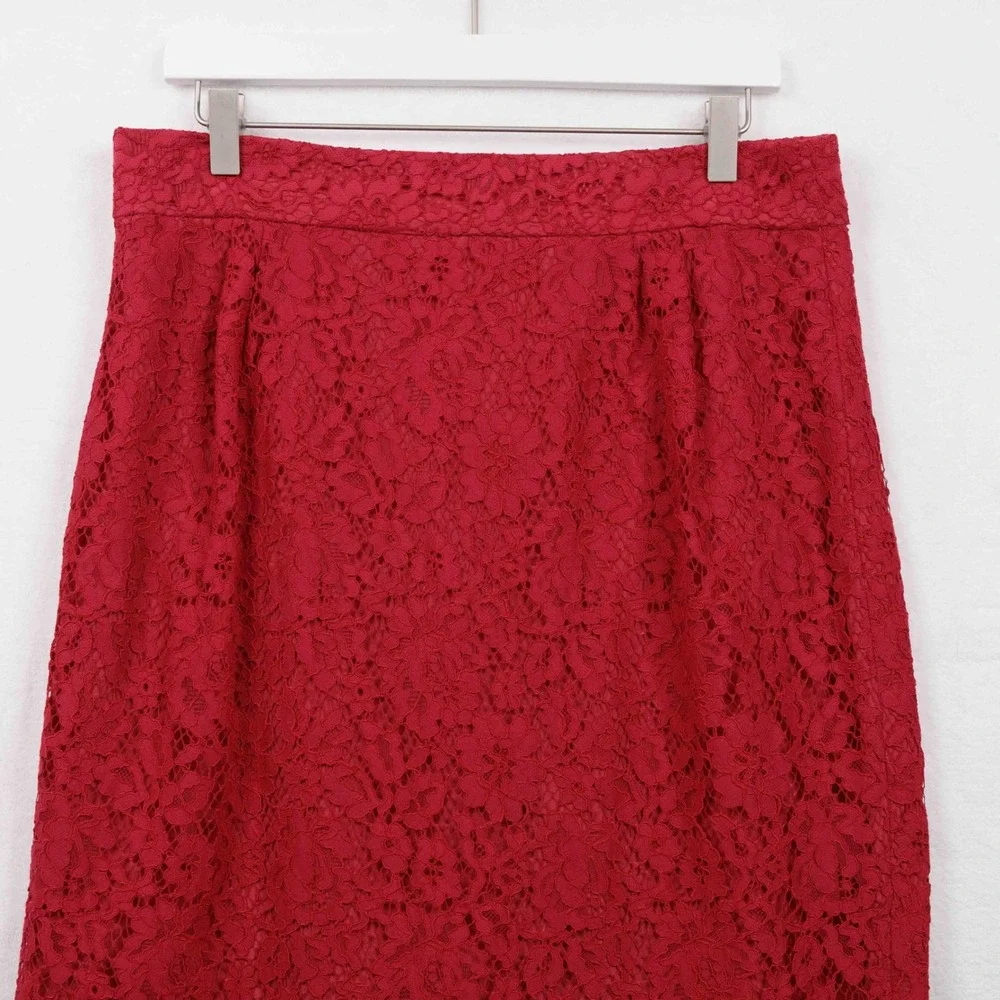 J CREW Pintucked Pencil‎ Skirt Red Lace Feminine Valentines Date Night Sz 14